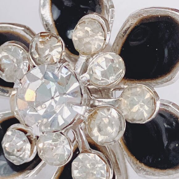 VTG Signed Coro Screw Back Earrings Black Enamel Rhinestone Mid Century - Picture 3 of 10